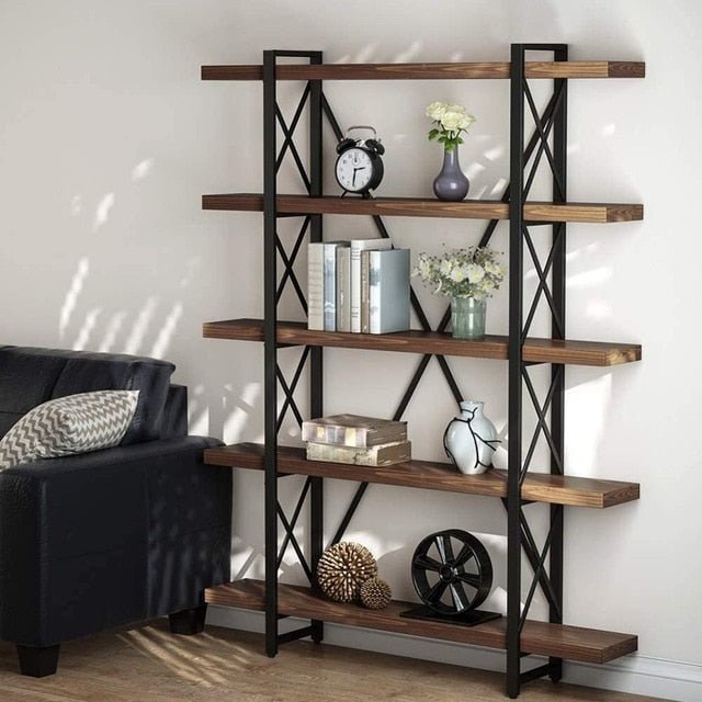 Vintage Free Standing Bookshelf 5-tier Industrial Style X shaped design Bookcase