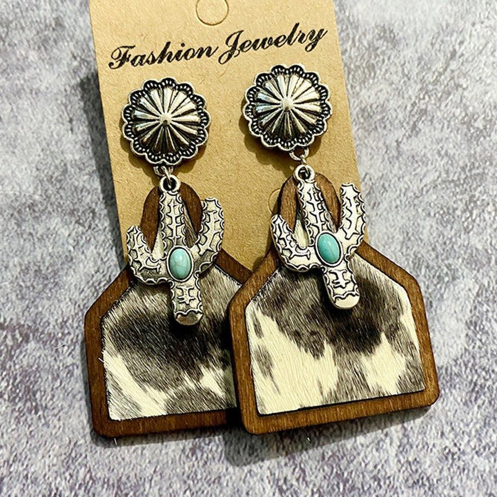 Vintage Western Earrings Bohemian Genuine Leather Cowhide Horse Hair Cow Brand Fashion Panel Earrings