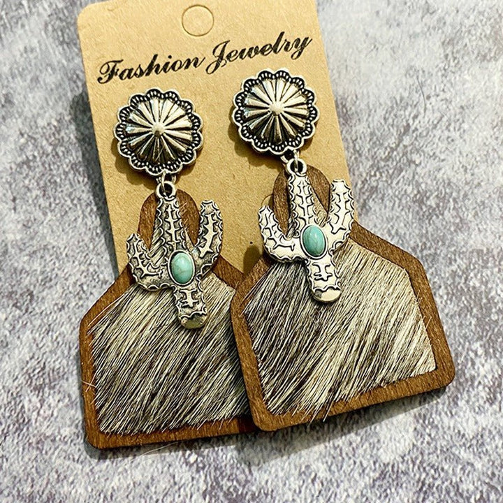 Vintage Western Earrings Bohemian Genuine Leather Cowhide Horse Hair Cow Brand Fashion Panel Earrings