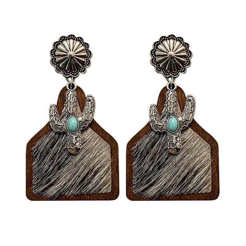 Vintage Western Earrings Bohemian Genuine Leather Cowhide Horse Hair Cow Brand Fashion Panel Earrings
