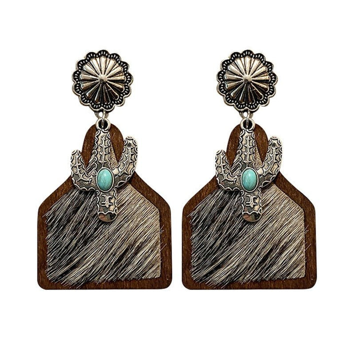 Vintage Western Earrings Bohemian Genuine Leather Cowhide Horse Hair Cow Brand Fashion Panel Earrings