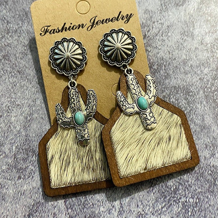 Vintage Western Earrings Bohemian Genuine Leather Cowhide Horse Hair Cow Brand Fashion Panel Earrings
