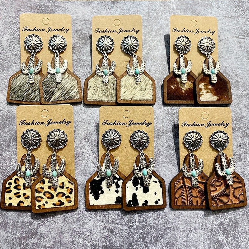 Vintage Western Earrings Bohemian Genuine Leather Cowhide Horse Hair Cow Brand Fashion Panel Earrings