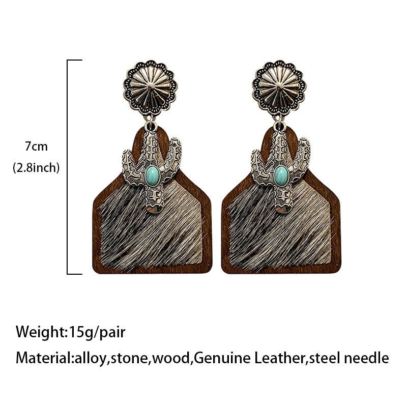 Vintage Western Earrings Bohemian Genuine Leather Cowhide Horse Hair Cow Brand Fashion Panel Earrings
