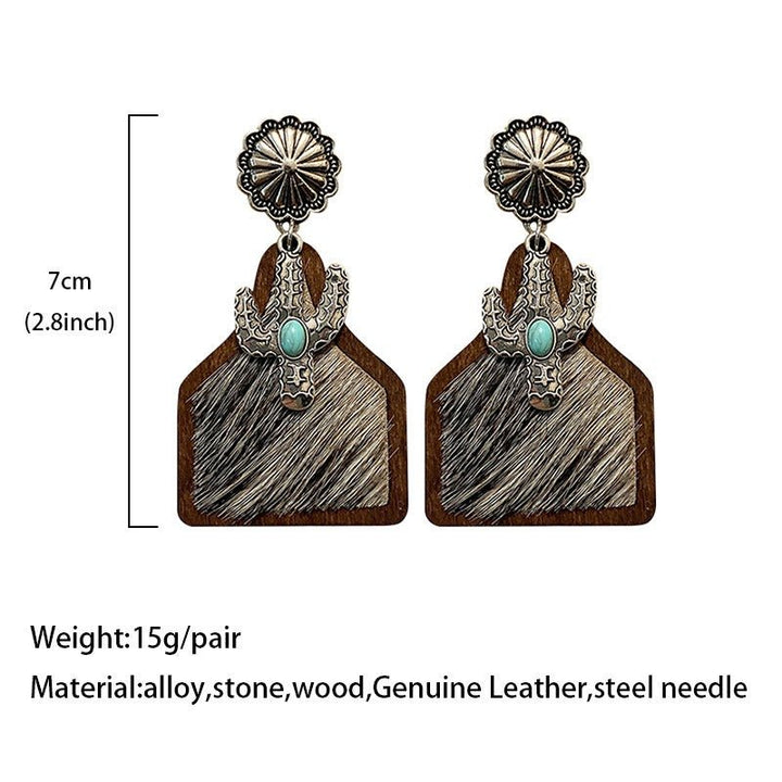 Vintage Western Earrings Bohemian Genuine Leather Cowhide Horse Hair Cow Brand Fashion Panel Earrings