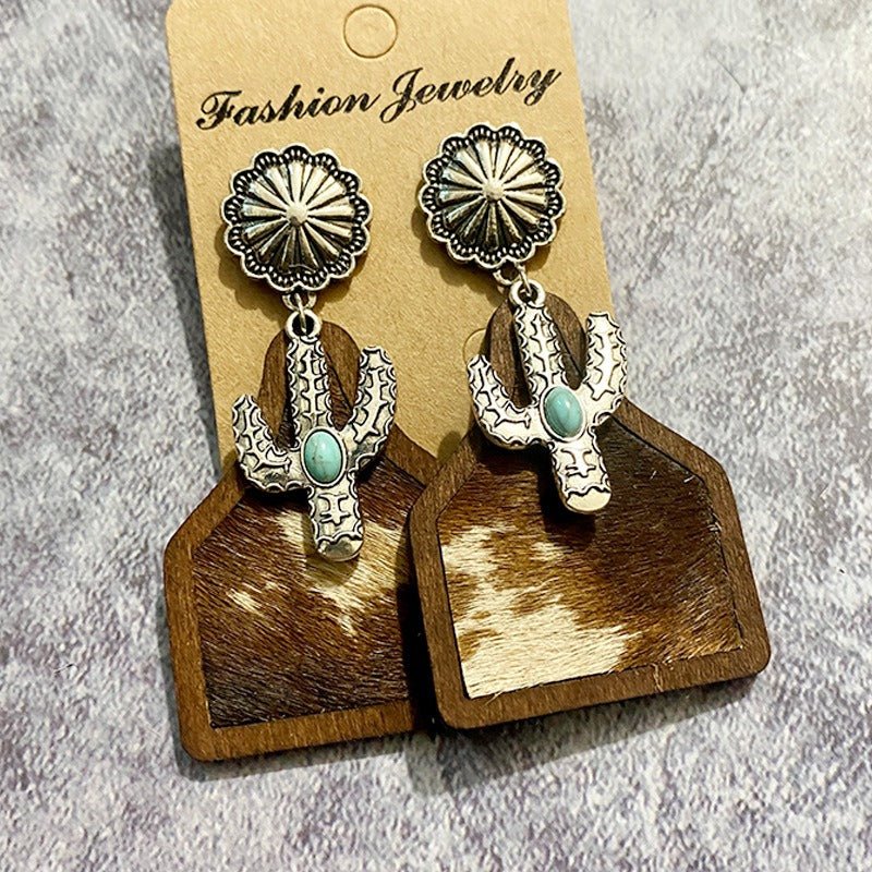 Vintage Western Earrings Bohemian Genuine Leather Cowhide Horse Hair Cow Brand Fashion Panel Earrings