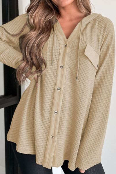 Waffle-Knit Drawstring Hoodie with Stylish Button-Up Design