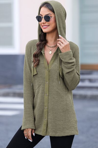 Waffle-Knit Drawstring Hoodie with Stylish Button-Up Design