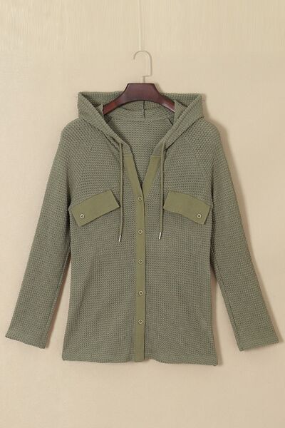 Waffle-Knit Drawstring Hoodie with Stylish Button-Up Design