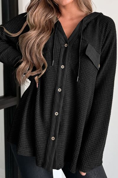 Waffle-Knit Drawstring Hoodie with Stylish Button-Up Design