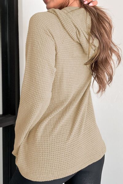 Waffle-Knit Drawstring Hoodie with Stylish Button-Up Design