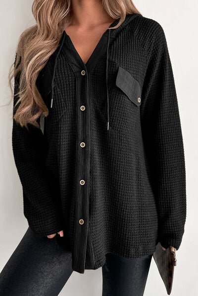 Waffle-Knit Drawstring Hoodie with Stylish Button-Up Design