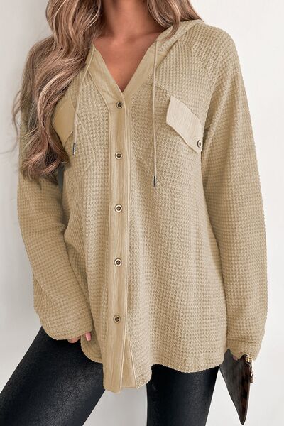 Waffle-Knit Drawstring Hoodie with Stylish Button-Up Design