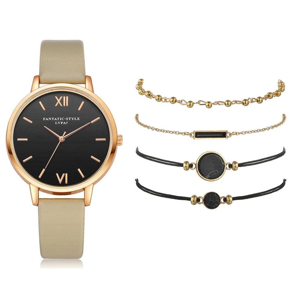 Watch Set Women 5pcs Woman Quartz Wristwatch Leather Ladies Bracelet