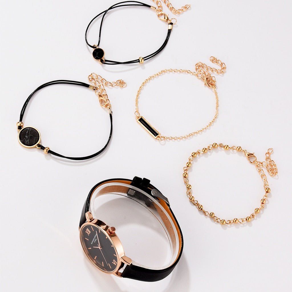 Watch Set Women 5pcs Woman Quartz Wristwatch Leather Ladies Bracelet