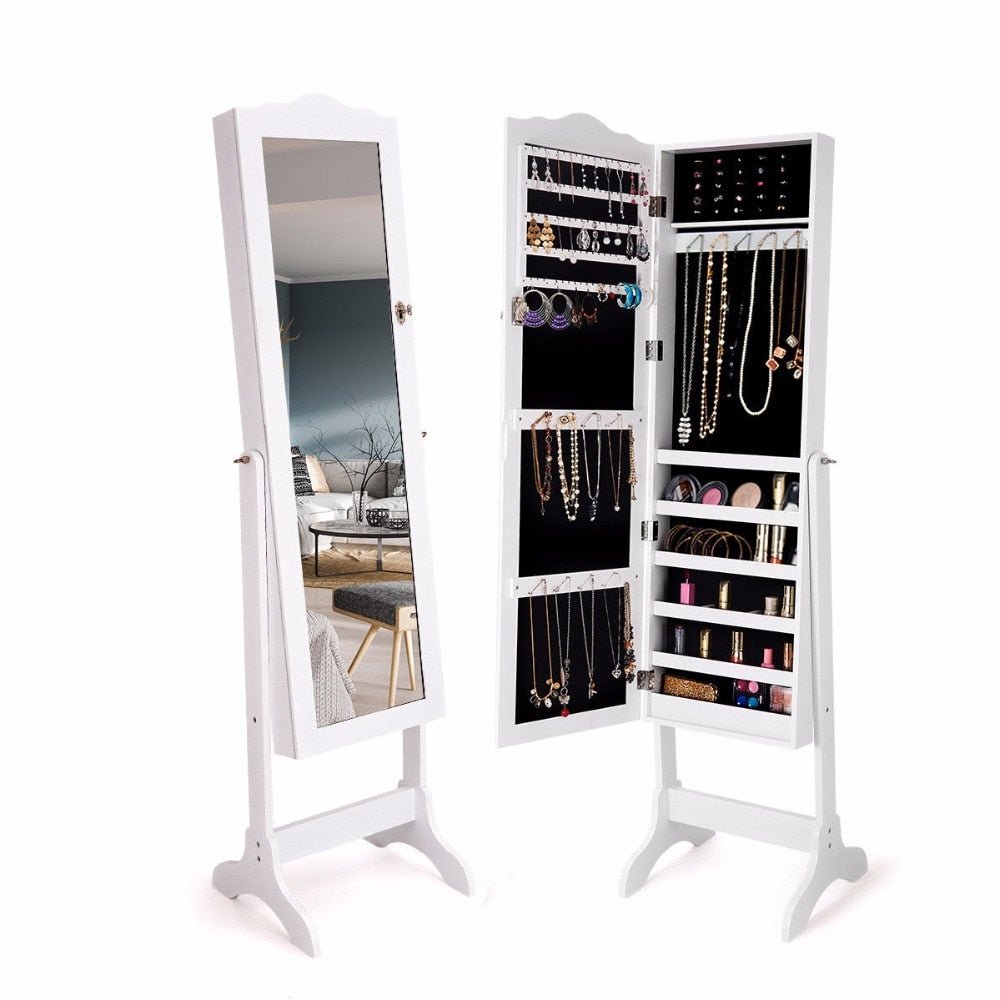 White Mirrored Lockable Jewelry Cabinet Armoire Organizer Storage Box