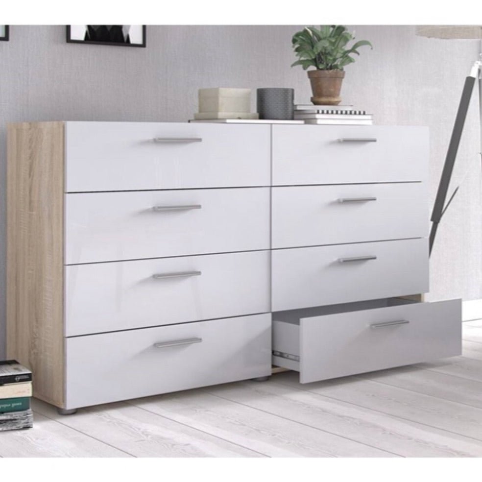 White Modern Bedroom 8-Drawer Double Dresser with Oak Finish Sides and Top