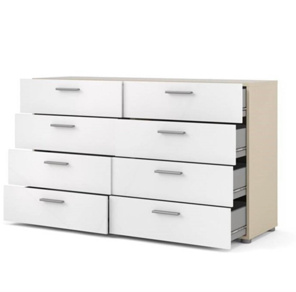 White Modern Bedroom 8-Drawer Double Dresser with Oak Finish Sides and Top