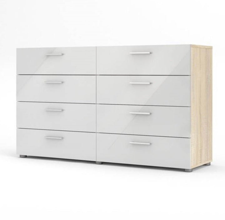 White Modern Bedroom 8-Drawer Double Dresser with Oak Finish Sides and Top