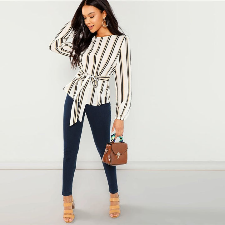 Elegant White Striped Long Sleeve Blouse for Career Women