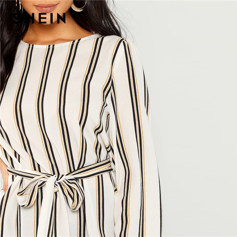 Elegant White Striped Long Sleeve Blouse for Career Women