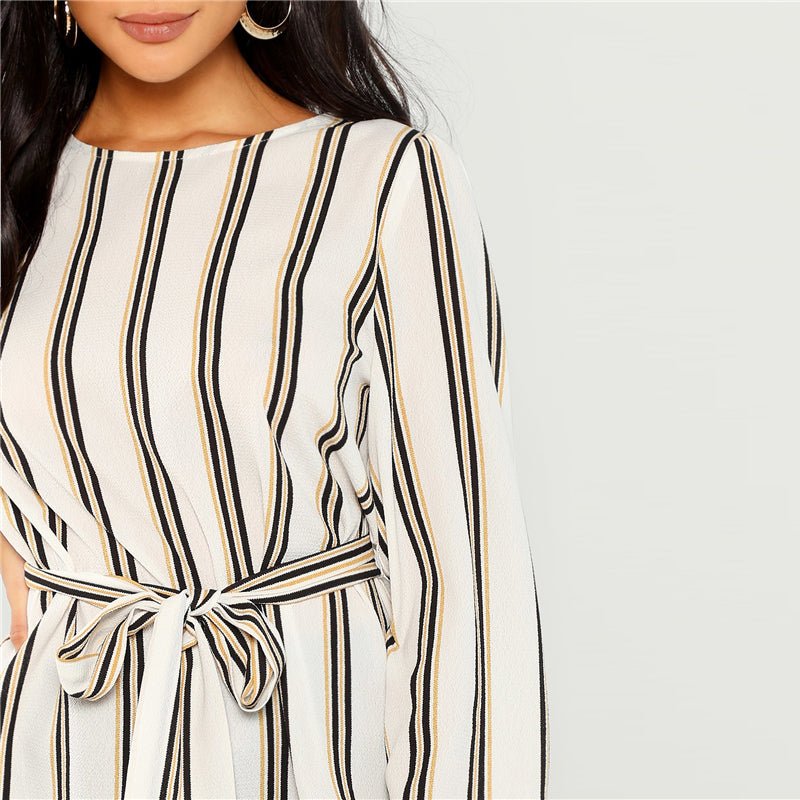 Elegant White Striped Long Sleeve Blouse for Career Women