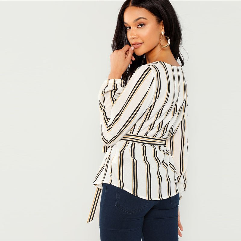 Elegant White Striped Long Sleeve Blouse for Career Women