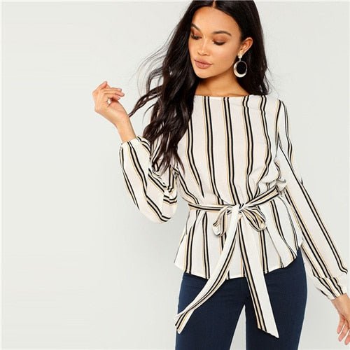 Elegant White Striped Long Sleeve Blouse for Career Women