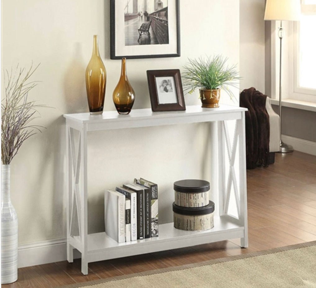 White Wood Console Sofa Table with Bottom Storage Shelf