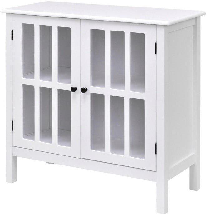 White Wood Sideboard Buffet Cabinet with Glass Panel Doors