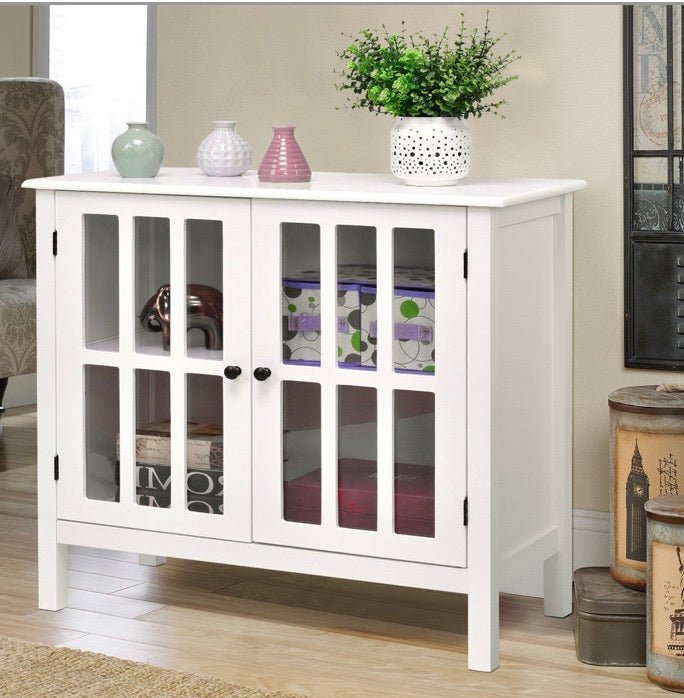 White Wood Sideboard Buffet Cabinet with Glass Panel Doors