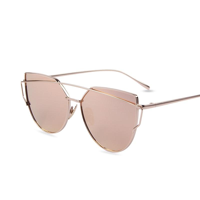 Chic Rose Gold Cat Eye Sunglasses with Unique Twin-Beams Design