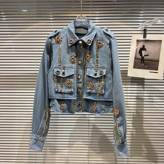 Chic Vintage Beaded Patchwork Denim Jacket for Women