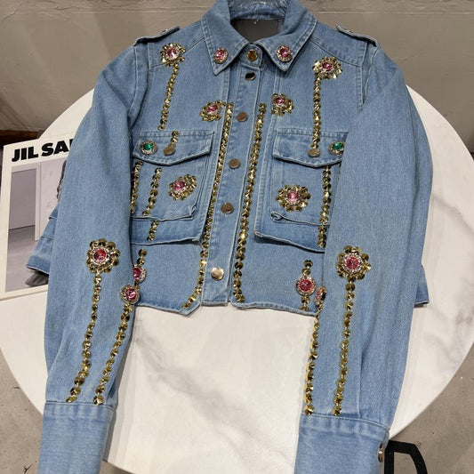 Chic Vintage Beaded Patchwork Denim Jacket for Women