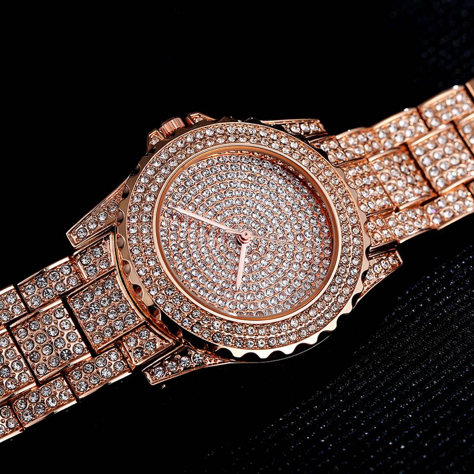Women Quartz Watch Casual Ladies Watch Gold Crystal Diamond Bezel Elegant Timepiece For Women