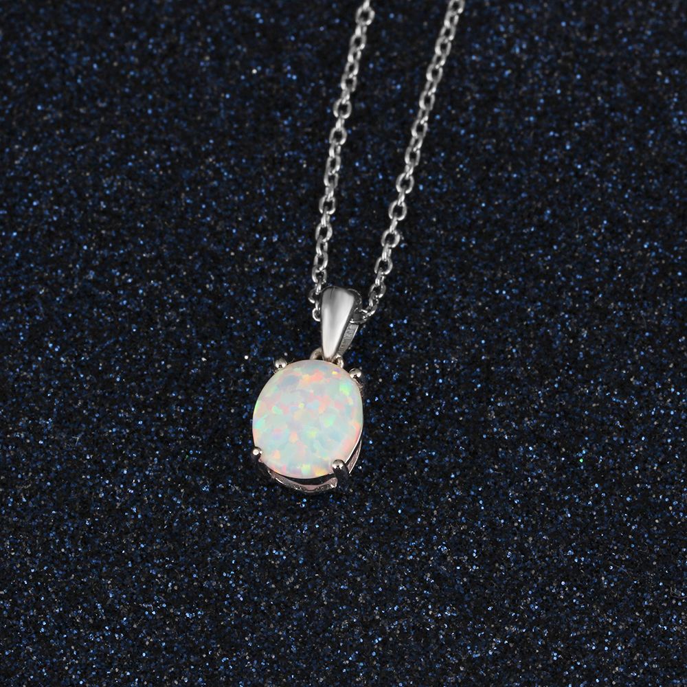 Women S925 Sterling Silver Pendant Necklace Created Oval Opal Jewelry Elegant Sparkling Gift