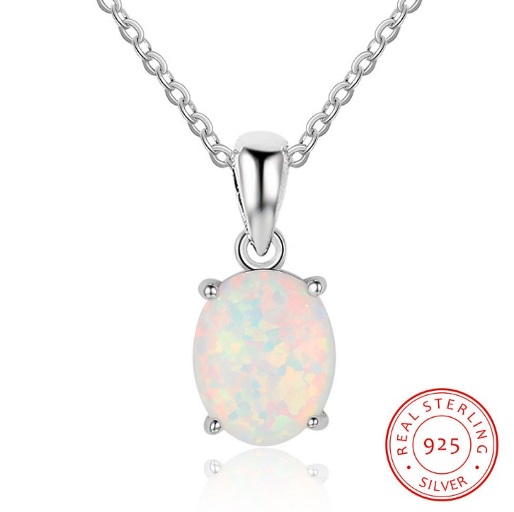 Women S925 Sterling Silver Pendant Necklace Created Oval Opal Jewelry Elegant Sparkling Gift