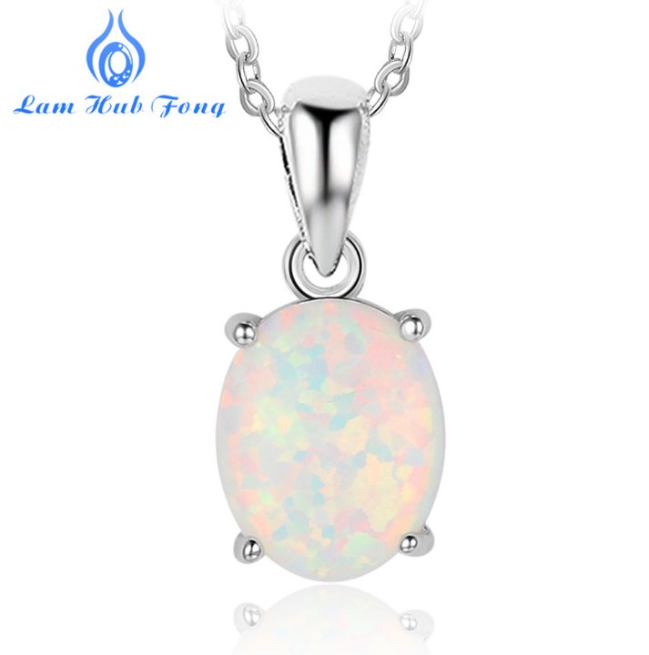 Women S925 Sterling Silver Pendant Necklaces Created Oval Opal Necklace