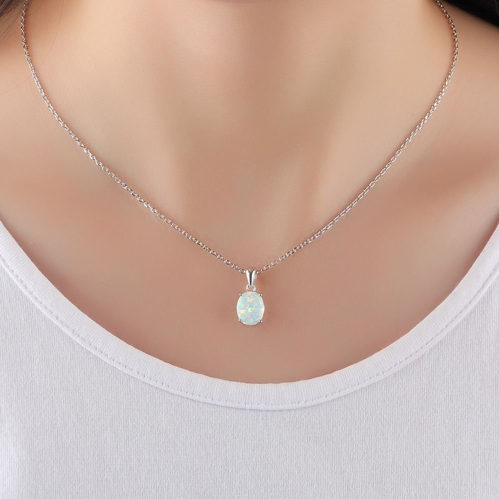 Women S925 Sterling Silver Pendant Necklace Created Oval Opal Jewelry Elegant Sparkling Gift