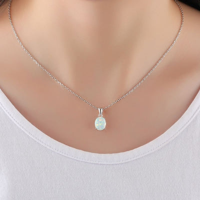 Women S925 Sterling Silver Pendant Necklace Created Oval Opal Jewelry Elegant Sparkling Gift