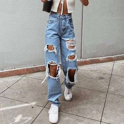 Trendy Women's High-Rise Distressed Denim Jeans Relaxed Fit