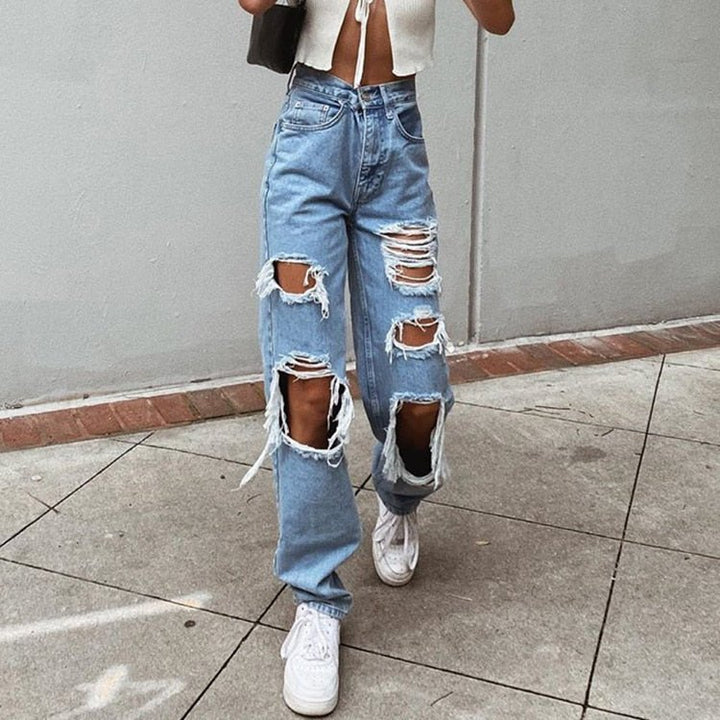 Women's Fashion Sexy Jeans Casual High Waist Pants Ripped Trousers Women Jeans Retro Denim Ripped Holes Frayed Loose Jeans Women