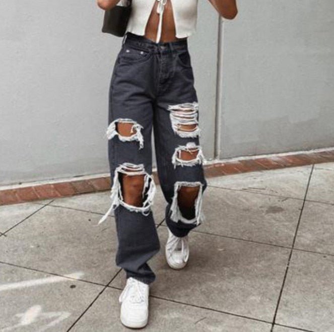 Women's Fashion Sexy Jeans Casual High Waist Pants Ripped Trousers Women Jeans Retro Denim Ripped Holes Frayed Loose Jeans Women