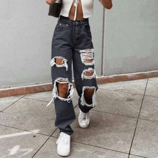 Trendy Women's High-Rise Distressed Denim Jeans Relaxed Fit
