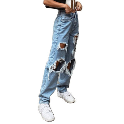Trendy Women's High-Rise Distressed Denim Jeans Relaxed Fit