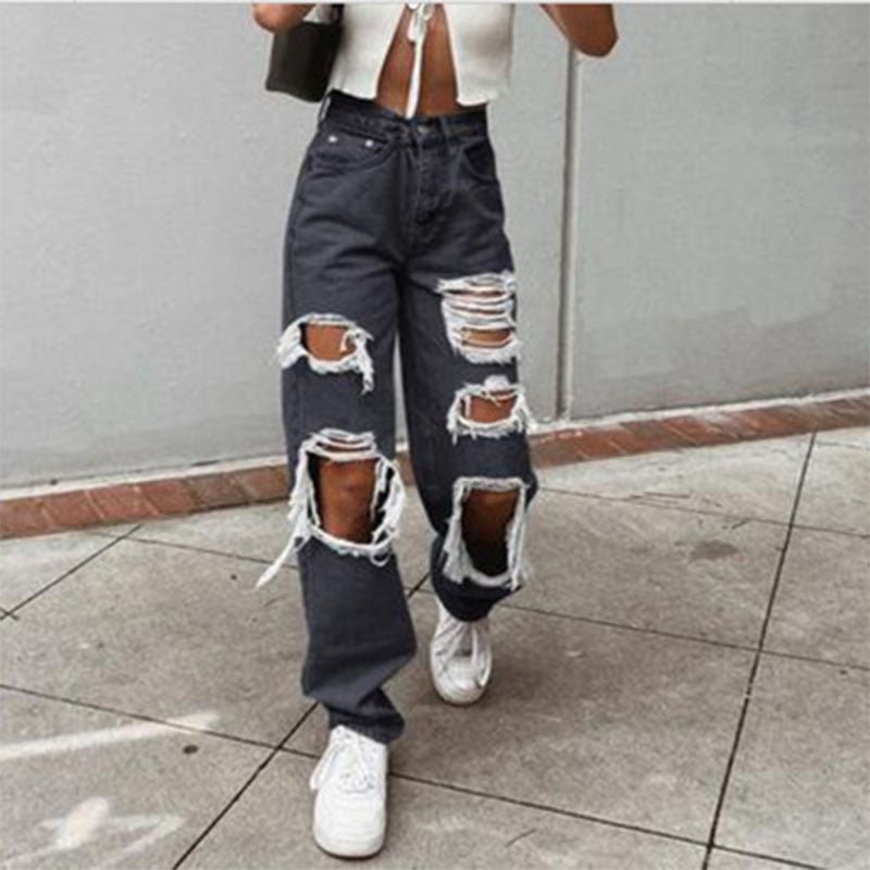 Women's Fashion Sexy Jeans Casual High Waist Pants Ripped Trousers Women Jeans Retro Denim Ripped Holes Frayed Loose Jeans Women