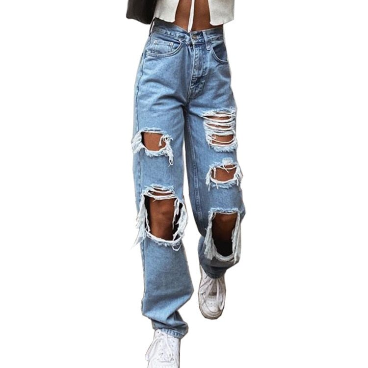 Women's Fashion Sexy Jeans Casual High Waist Pants Ripped Trousers Women Jeans Retro Denim Ripped Holes Frayed Loose Jeans Women