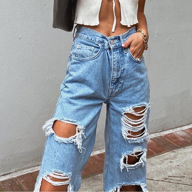 Women's Fashion Sexy Jeans Casual High Waist Pants Ripped Trousers Women Jeans Retro Denim Ripped Holes Frayed Loose Jeans Women