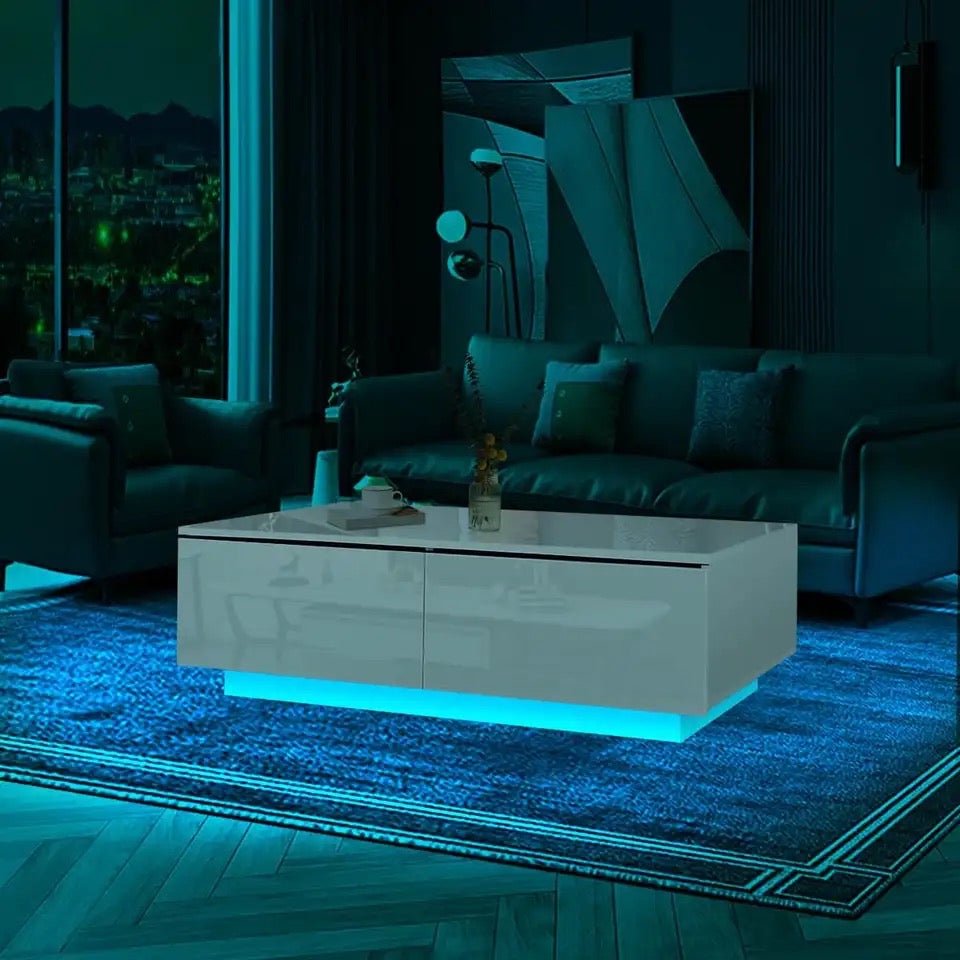 Wooden Coffee Table with LED Lighting and 4 Drawers