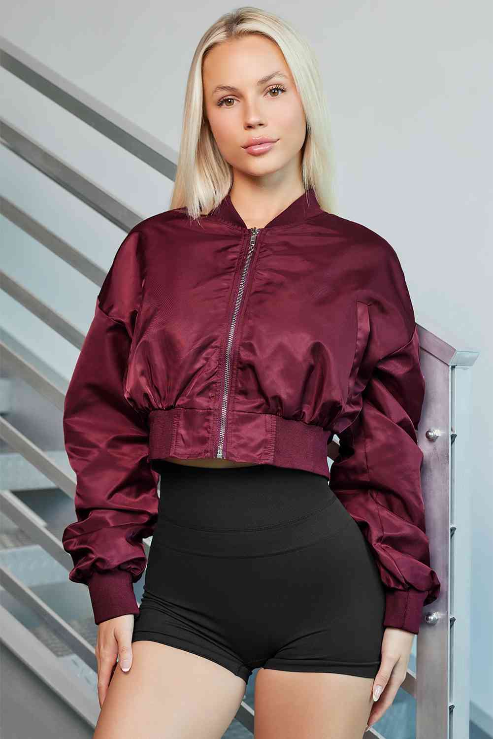 Trendy Ruched Cropped Zip-Up Jacket